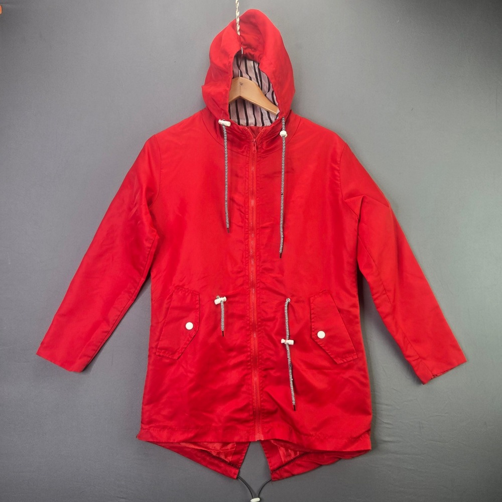 Unbranded Red Hooded Parka Jacket Fishtail Hem M Red Lightweight Rain Coat